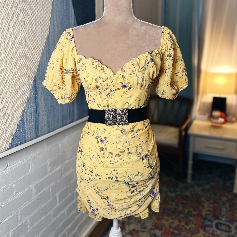 NWT Pretty Little Thing Yellow and Purple Puff Sleeve Floral Dress